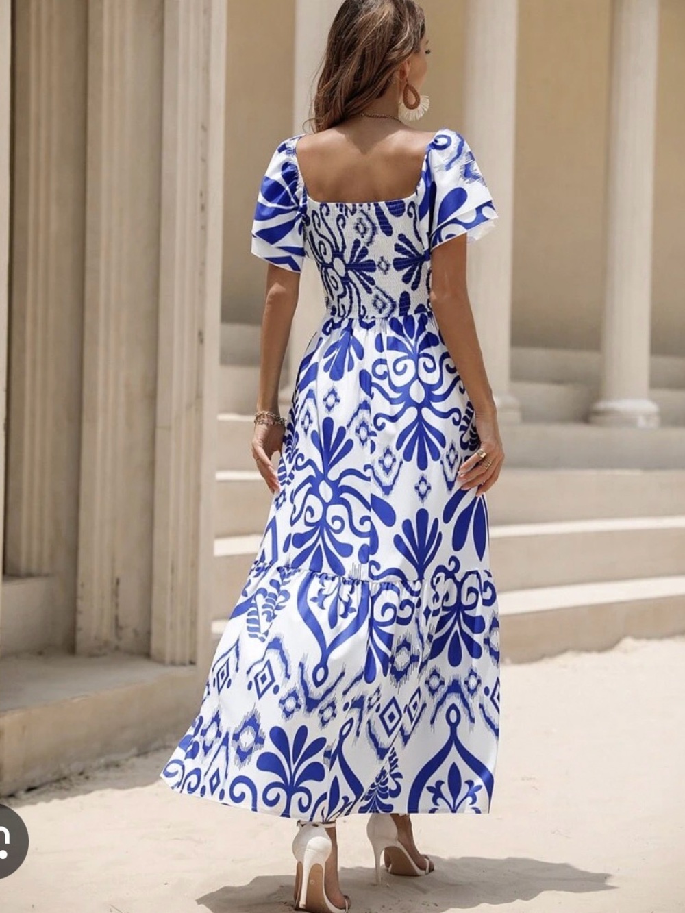 Breezaya Allover Print Shirred Layered Sleeve Ruffle Hem Dress Maxi Vacation M